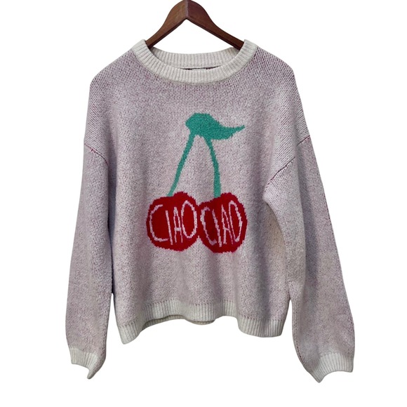 a new day Sweaters - A New Day Womens XL Cherry Ciao Ciao Graphic Pullover Sweater Red Marled Knit